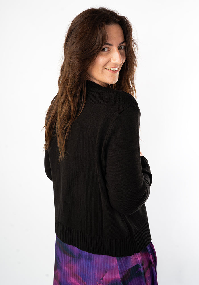 Third angle of Black Ribbed Cuff Knit Cardigan
