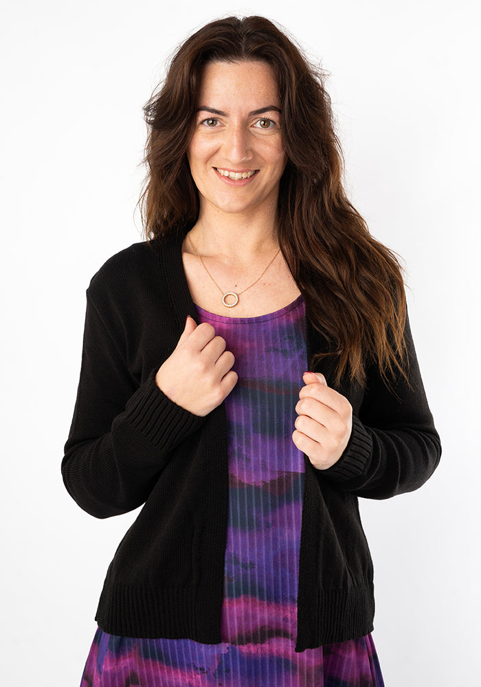 Front view of Black Ribbed Cuff Knit Cardigan