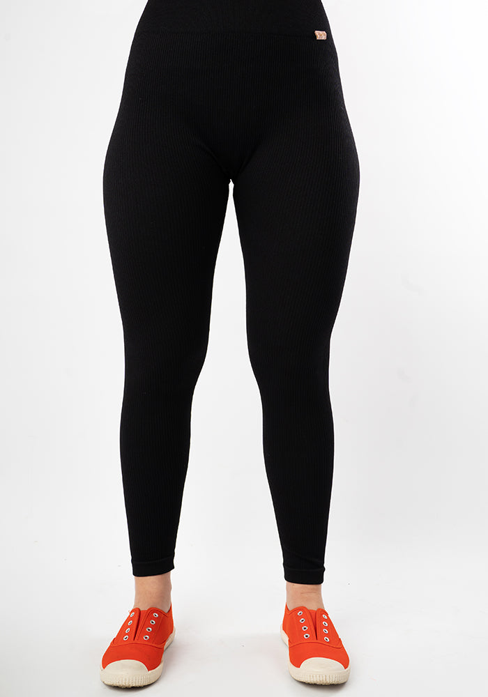 Front view of Black Ribbed Popsy Leggings