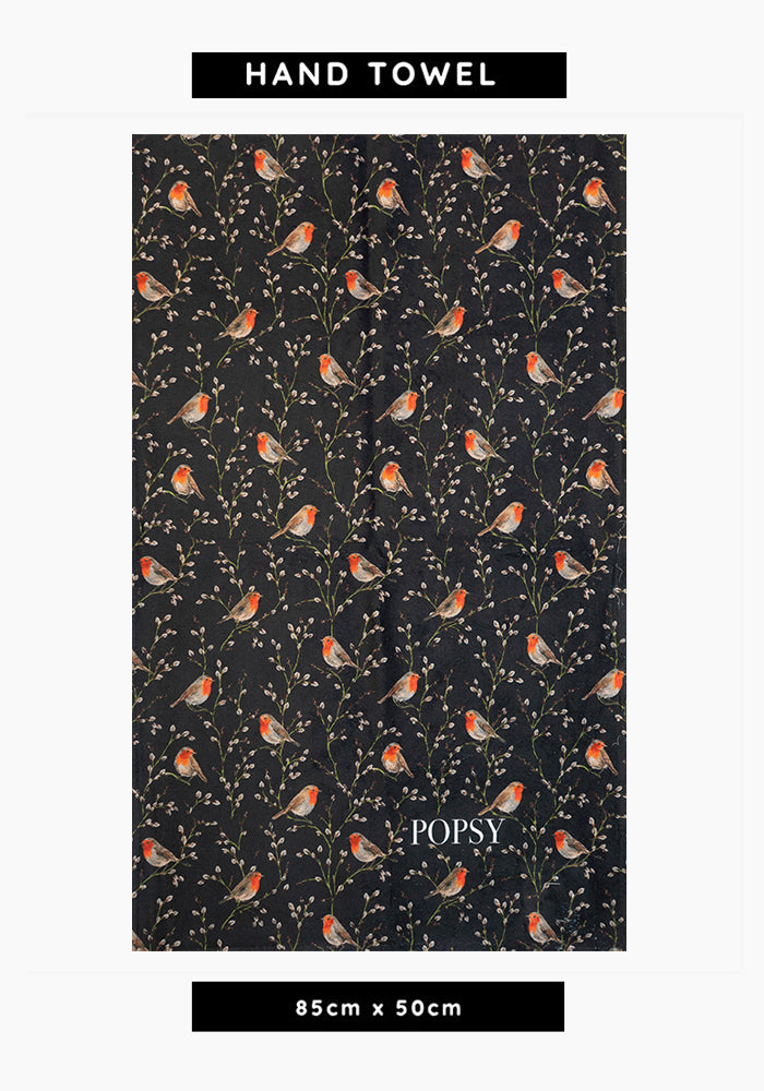 Black Robin Print Hand Towel