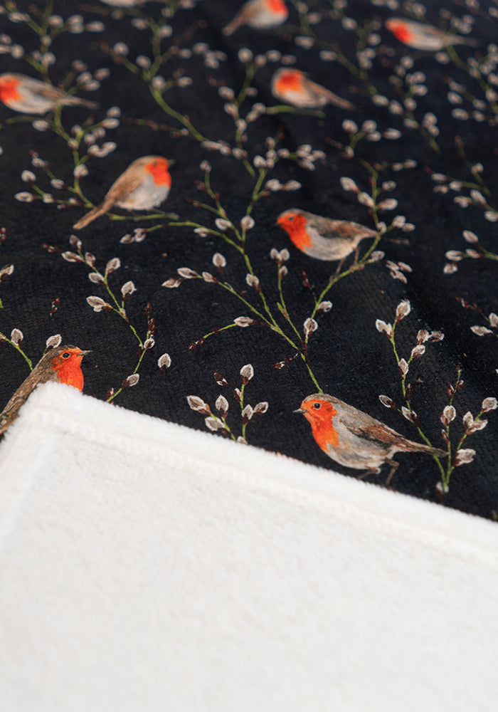 Black Robin Print Hand Towel