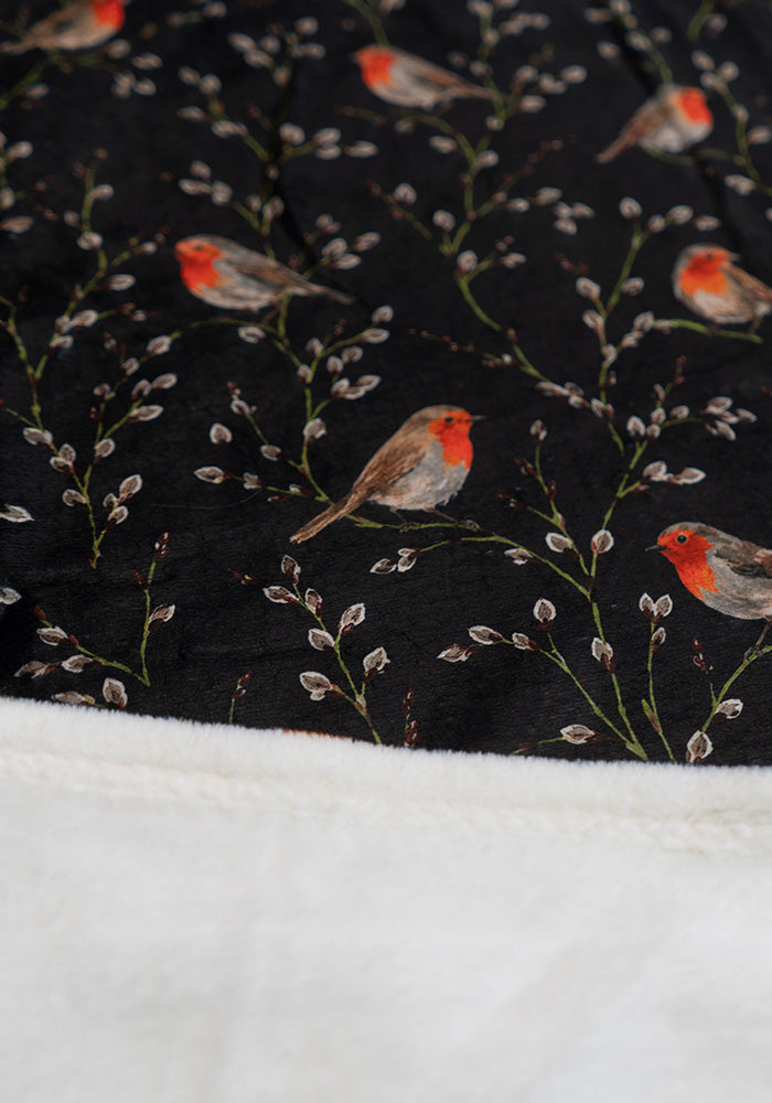 Black Robin Print Plush Throw Blanket (Pop-Under)
