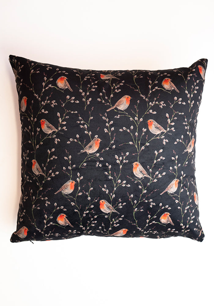 Black Robins Print Cushion Cover