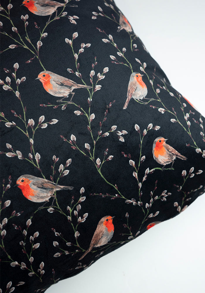 Black Robins Print Cushion Cover