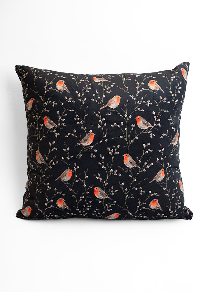 Black Robins Print Cushion Cover