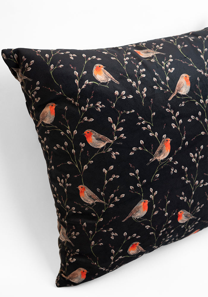 Black Robins Print Cushion Cover