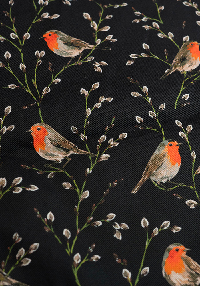 Black Robins Print Tea Towel