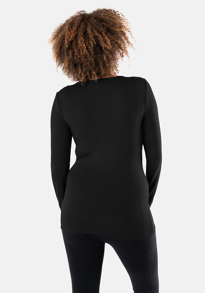 Second angle of Black Long Sleeve Round Neck Top, this viscose elastane blend is soft, breathable, and beautifully drapey.