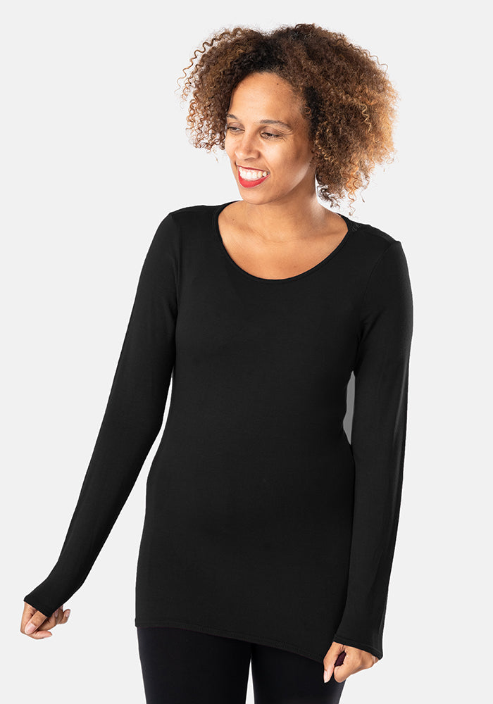 Front view of Black Long Sleeve Round Neck Top, this viscose elastane blend is soft, breathable, and beautifully drapey.