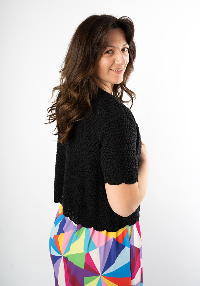 Second angle of Black Scallop Short Sleeve Cardigan