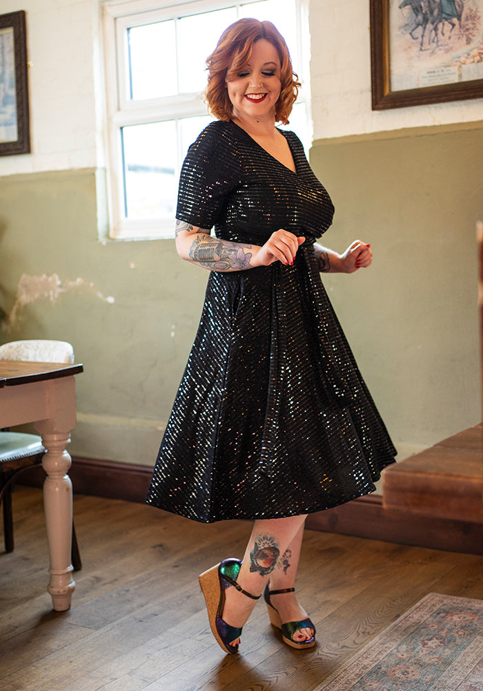 Front view of Candescent Black Sequin Swing Dress