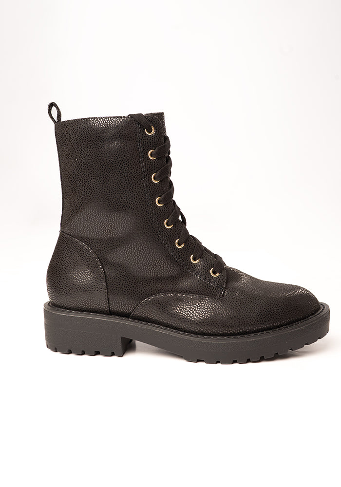 Black Shimmer Lace Up Boot