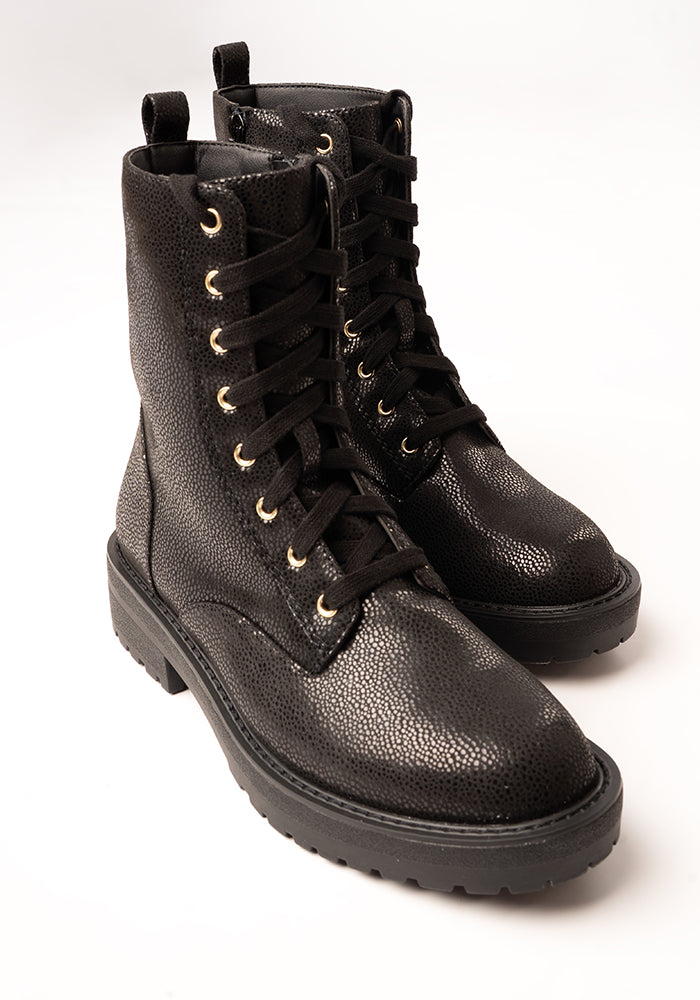 Black Shimmer Lace Up Boot