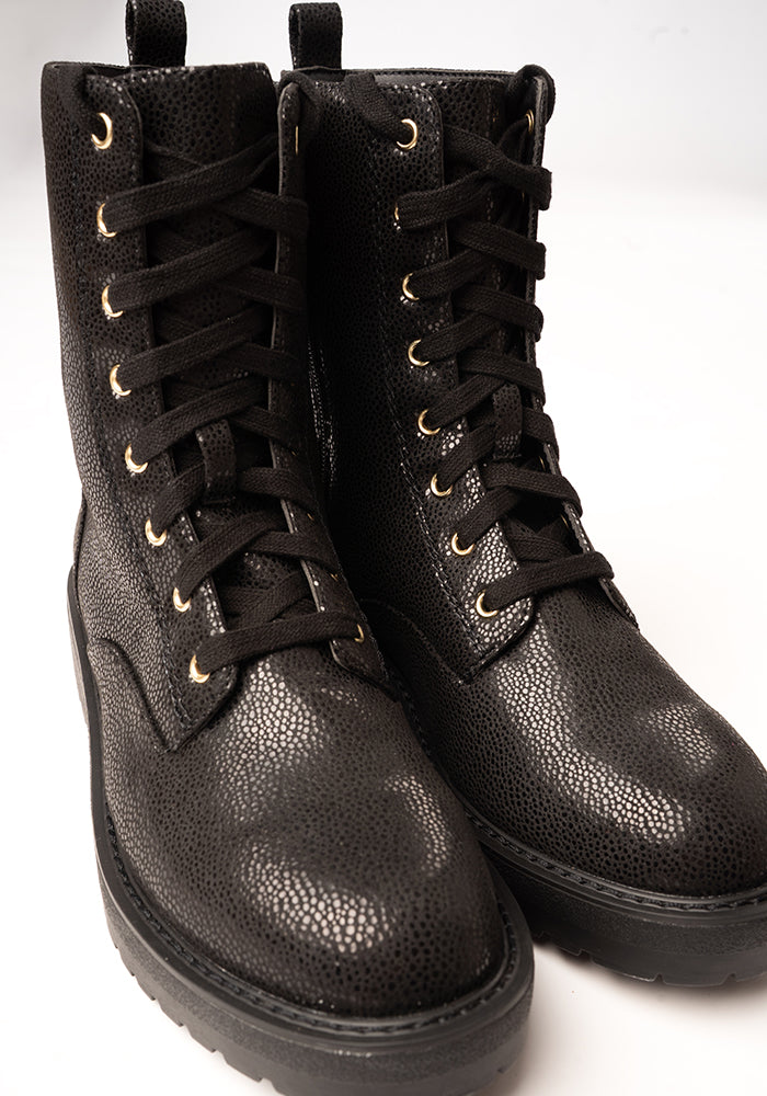 Black Shimmer Lace Up Boot