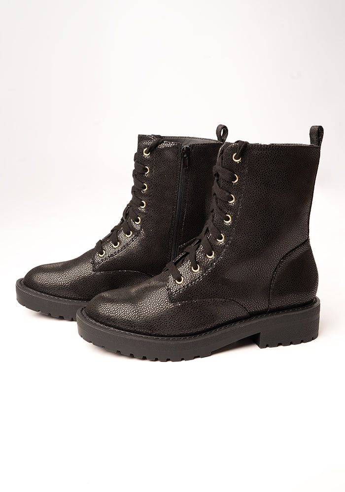 Front view of Black Shimmer Lace Up Boot
