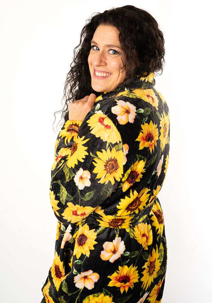 Black Sunflower Print Dressing Gown