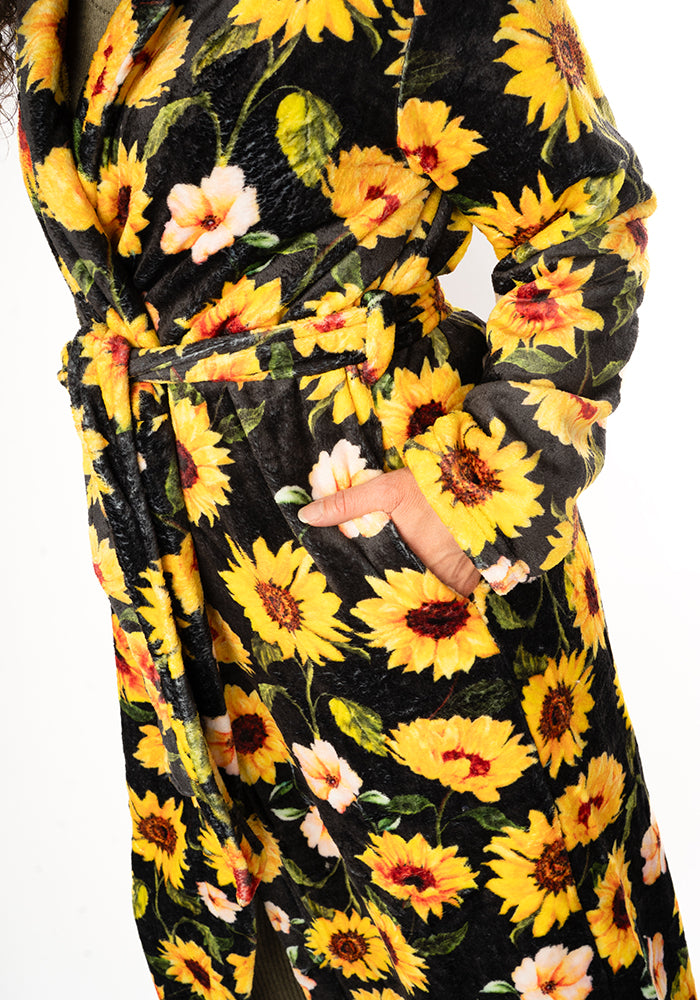 Third angle of Black Sunflower Print Dressing Gown