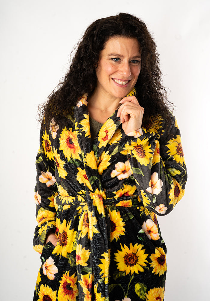 Black Sunflower Print Dressing Gown