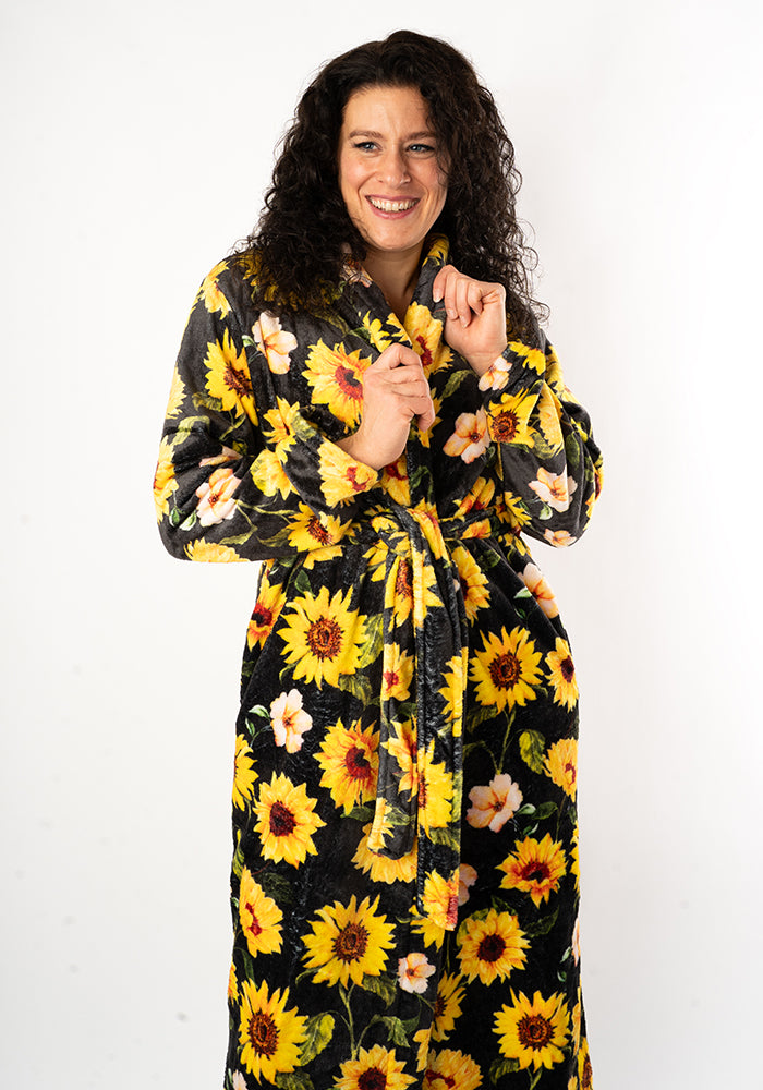 Black Sunflower Print Dressing Gown