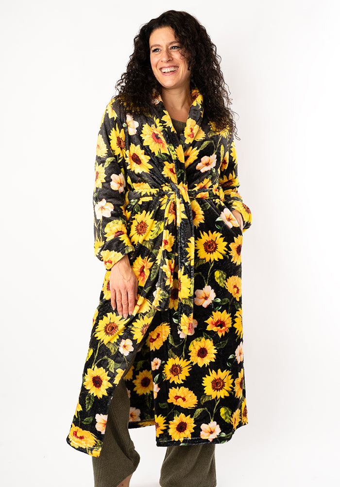 Front view of Black Sunflower Print Dressing Gown