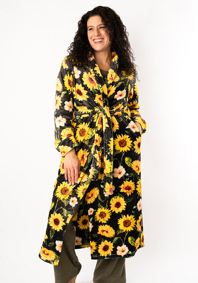 Black Sunflower Print Dressing Gown