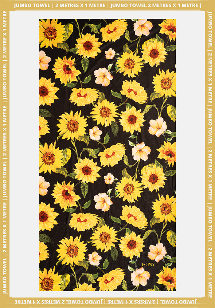 Front view of Black Sunflower Print Jumbo Bath Sheet