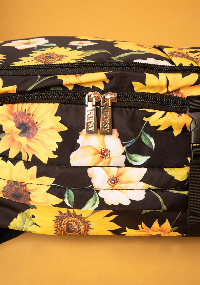 Ninth angle of Black Sunflower Print Cabin Bag, a stylish cabin bag with a bold floral sunflower pattern.