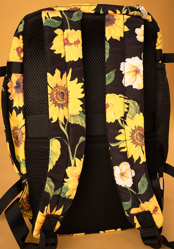 Eighth angle of Black Sunflower Print Cabin Bag, a stylish cabin bag with a bold floral sunflower pattern.