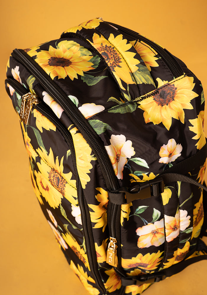 Sixth angle of Black Sunflower Print Cabin Bag, a stylish cabin bag with a bold floral sunflower pattern.