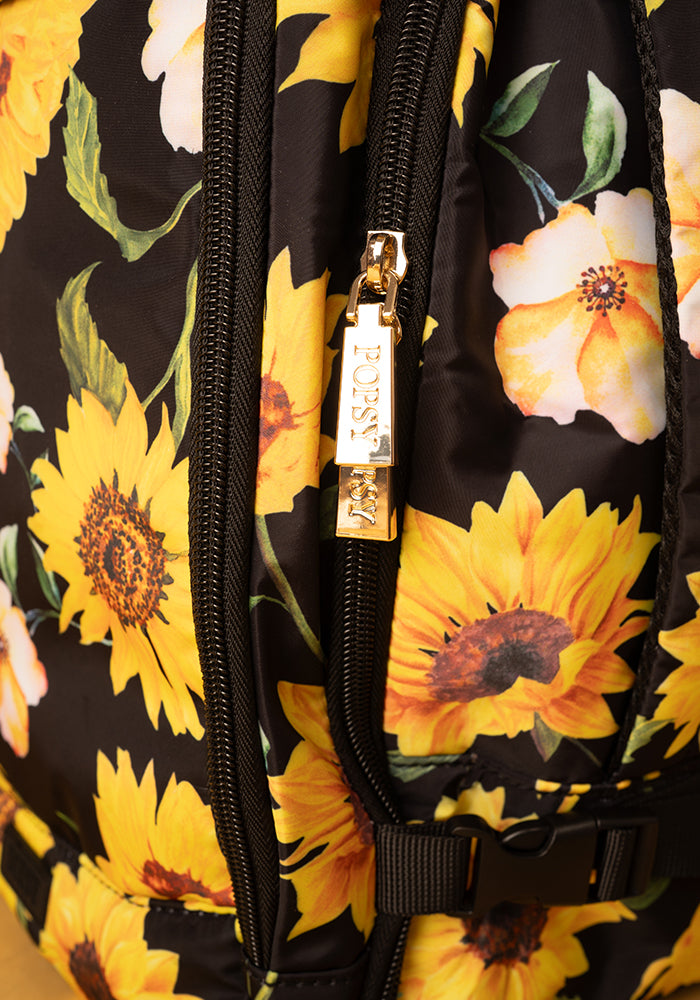 Fifth angle of Black Sunflower Print Cabin Bag, a stylish cabin bag with a bold floral sunflower pattern.