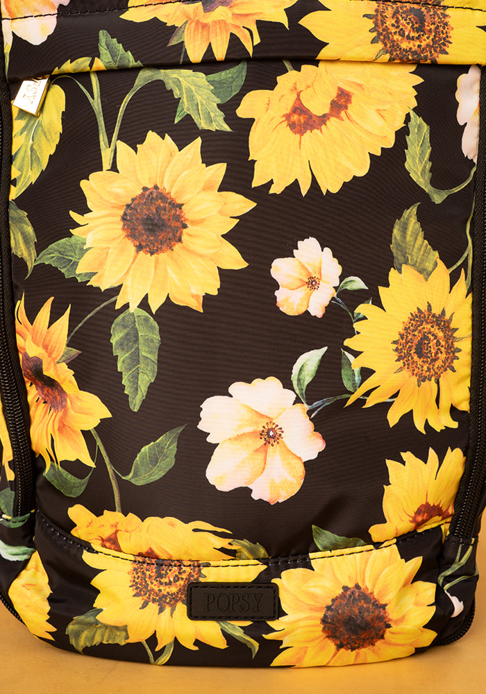 Second angle of Black Sunflower Print Cabin Bag, a stylish cabin bag with a bold floral sunflower pattern.