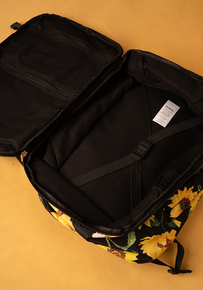 Third angle of Black Sunflower Print Cabin Bag, a stylish cabin bag with a bold floral sunflower pattern.
