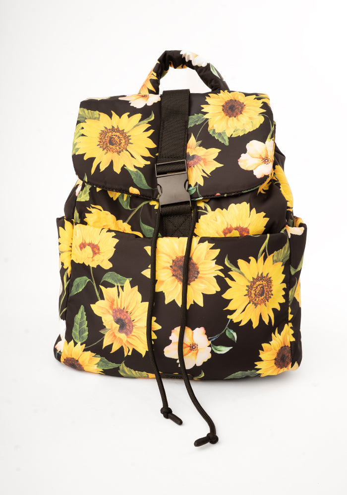 Front view of Black Sunflower Print Drawstring Rucksack