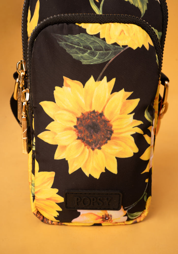 Black Sunflower Print Phone Pocket Bag