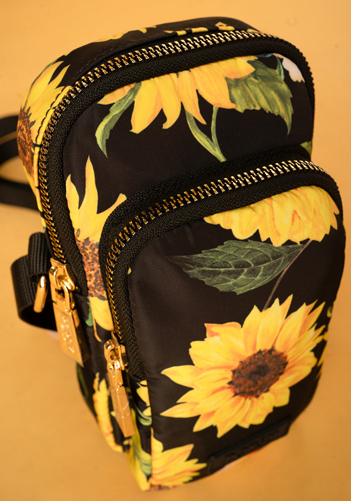 Black Sunflower Print Phone Pocket Bag