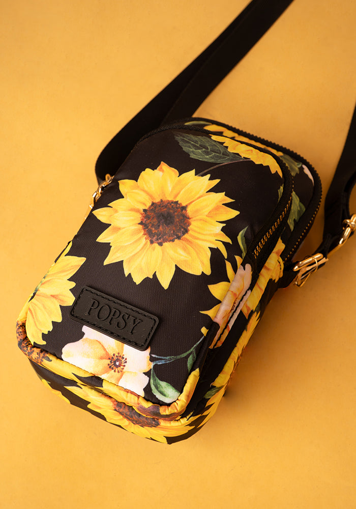 Fifth angle of Black Sunflower Print Phone Pocket Bag