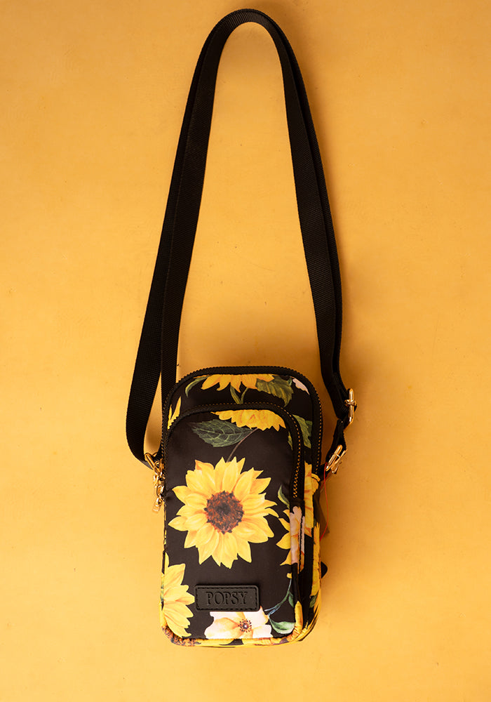 Black Sunflower Print Phone Pocket Bag