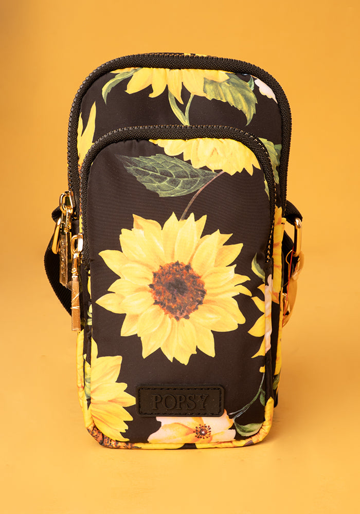 Front view of Black Sunflower Print Phone Pocket Bag