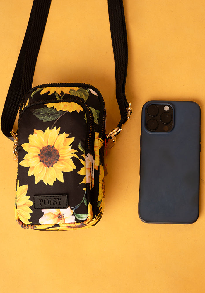 Third angle of Black Sunflower Print Phone Pocket Bag