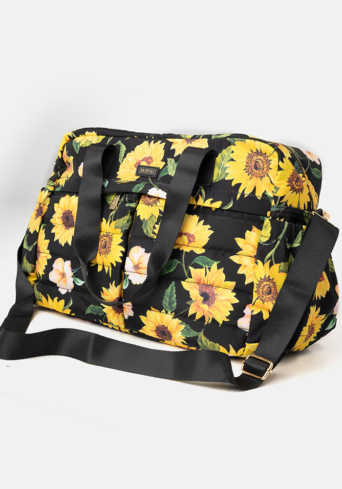 Front view of Black Sunflower Print Holdall