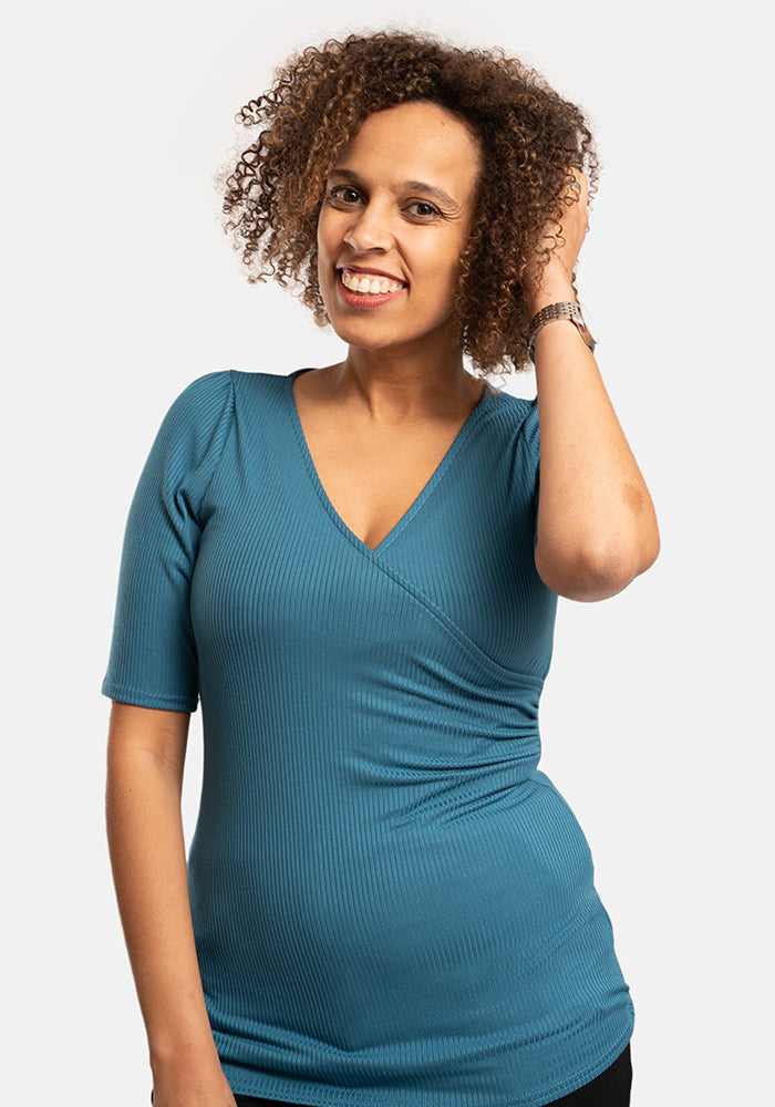 Front view of Blue Sapphire Wrap Neck Top