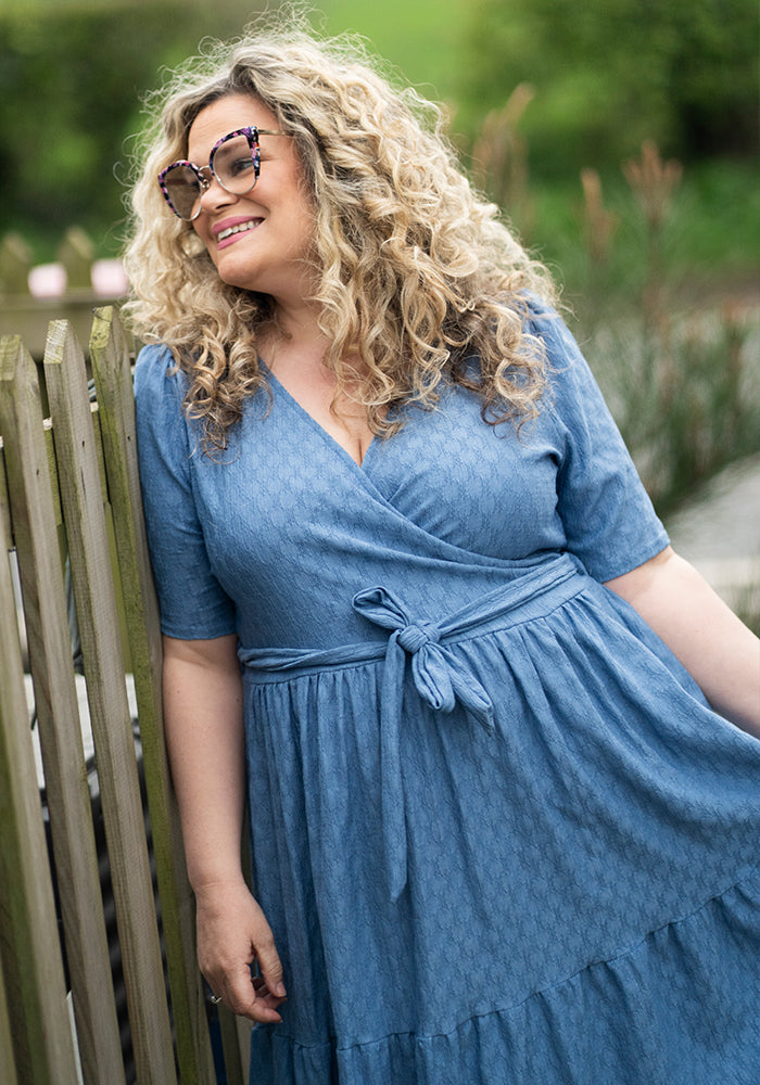 Tate Chambray Blue Oval Textured Tiered Hem Midi Dress