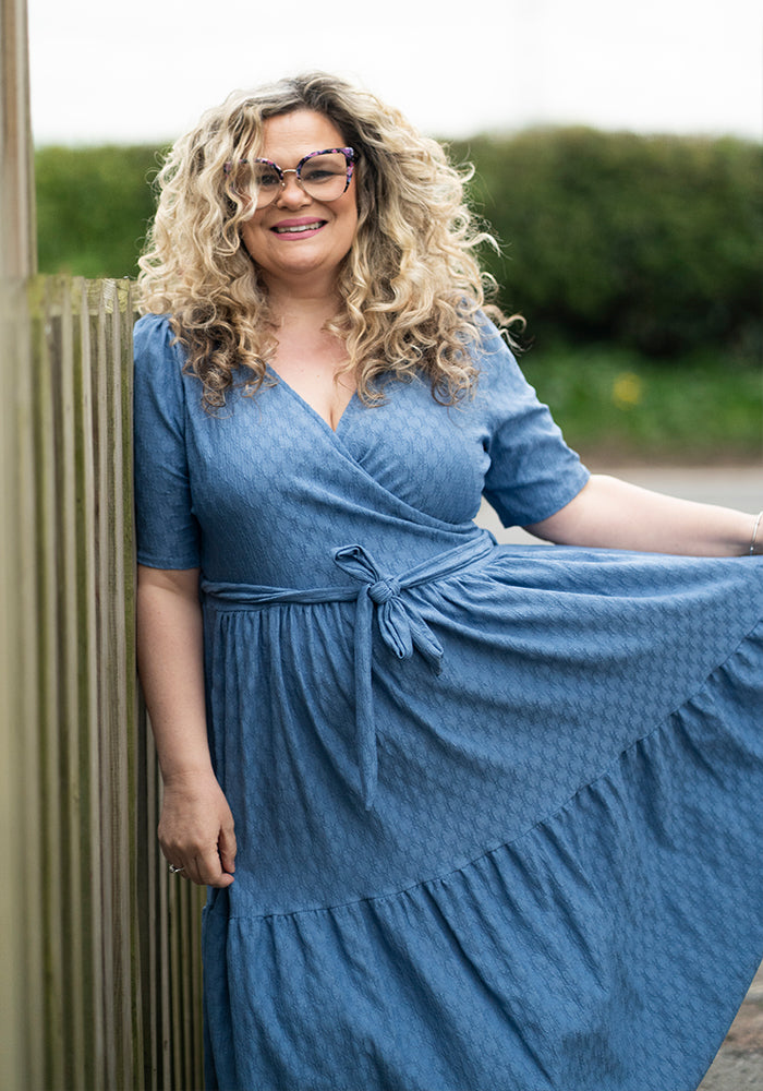 Tate Chambray Blue Oval Textured Tiered Hem Midi Dress