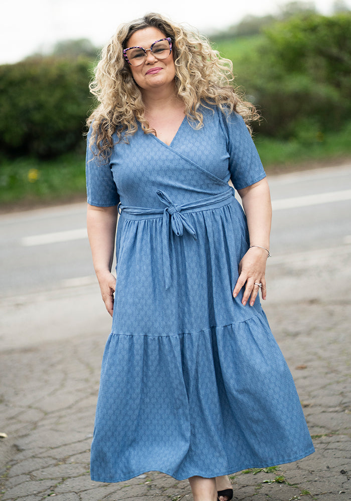 Tate Chambray Blue Oval Textured Tiered Hem Midi Dress