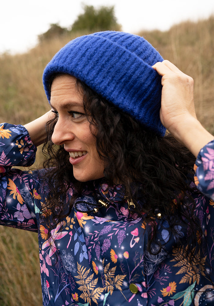 Blue Satin Lined Ribbed Beanie Hat