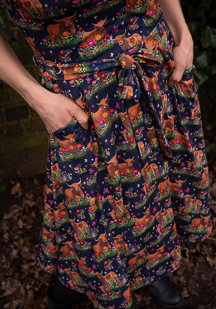 Bodie Highland Cow Print Full Skirt Dress