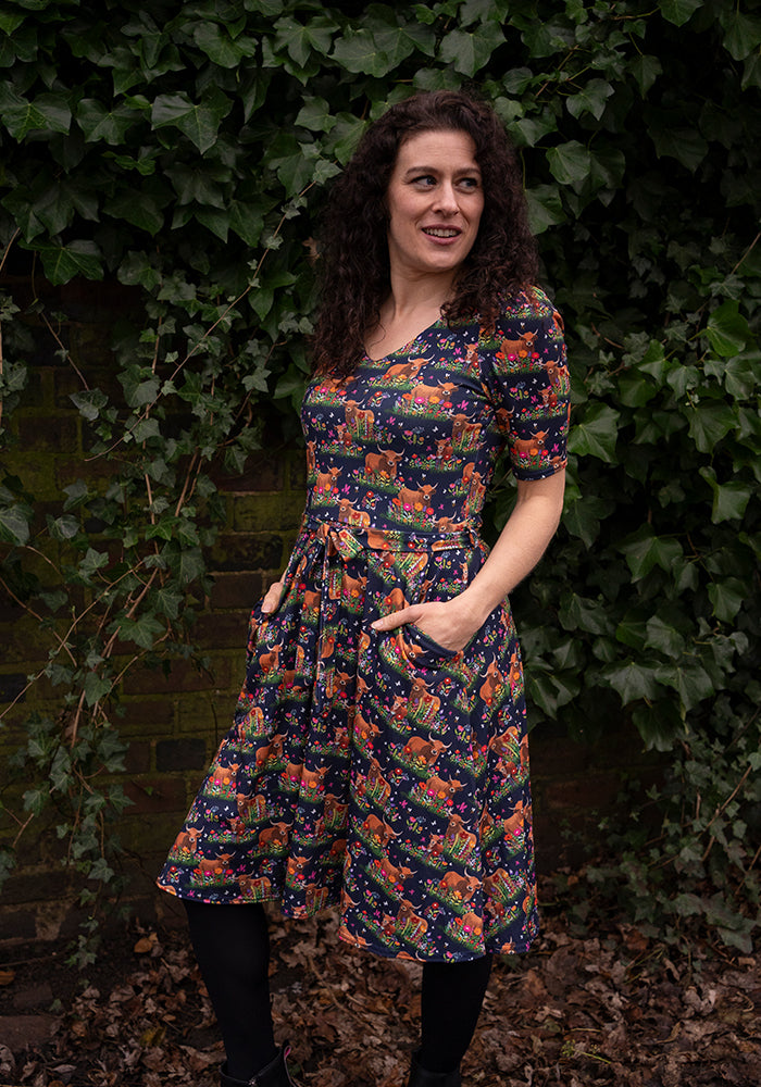 Bodie Highland Cow Print Full Skirt Dress