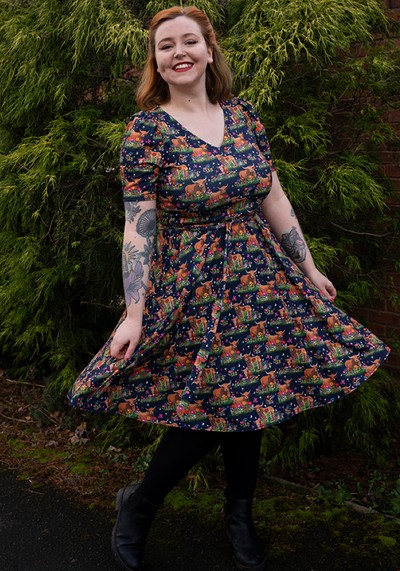 Bodie Highland Cow Print Full Skirt Dress