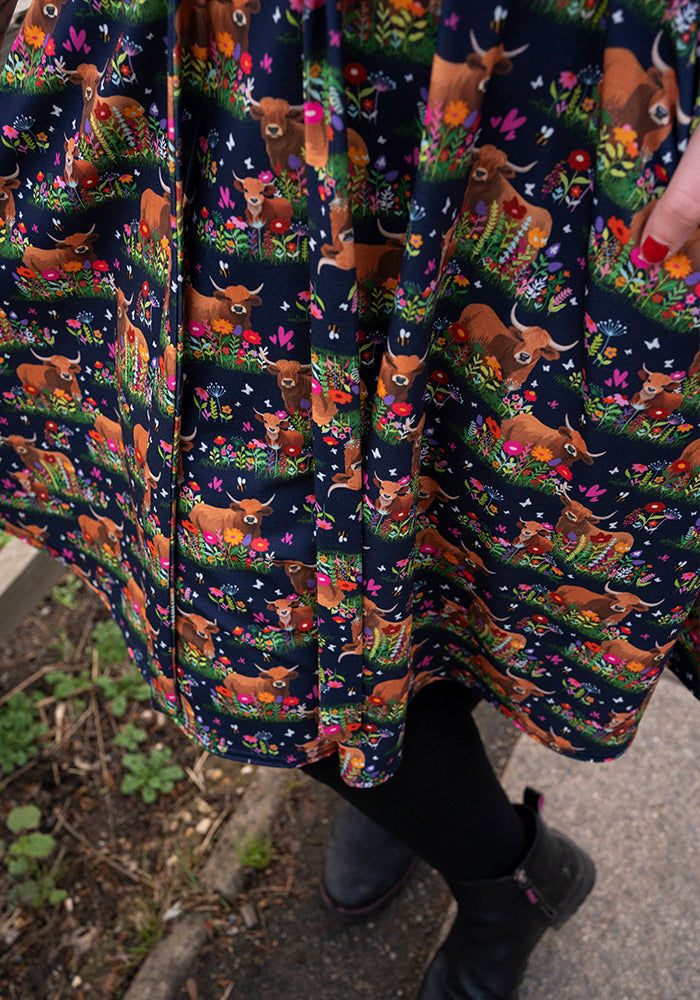 Bodie Highland Cow Print Full Skirt Dress