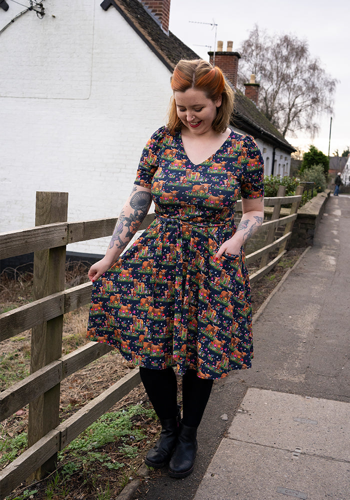 Bodie Highland Cow Print Full Skirt Dress